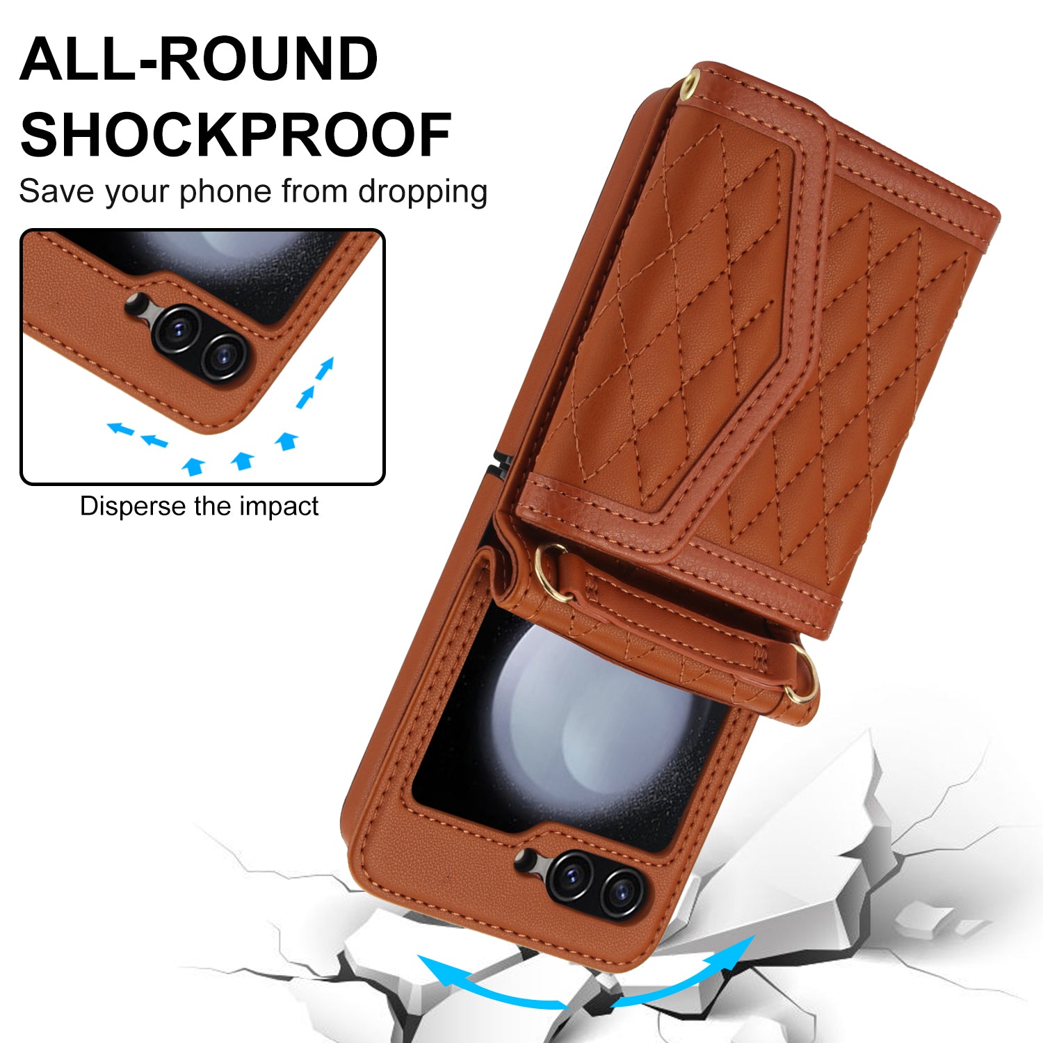 For Samsung Galaxy Z Flip6 5G Case Card Holders PU Leather+PC Phone Cover with Detachable Shoulder Strap - Brown