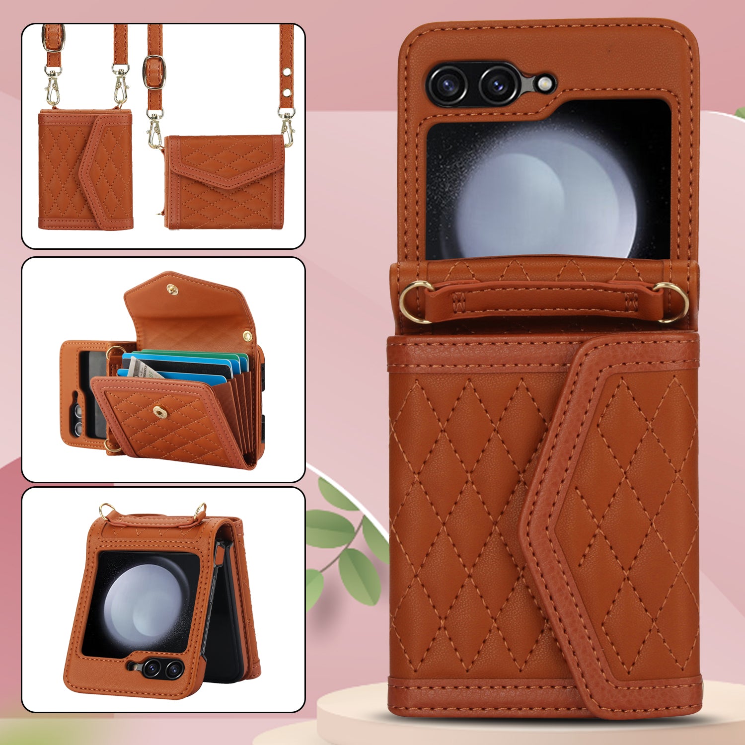 For Samsung Galaxy Z Flip6 5G Case Card Holders PU Leather+PC Phone Cover with Detachable Shoulder Strap - Brown