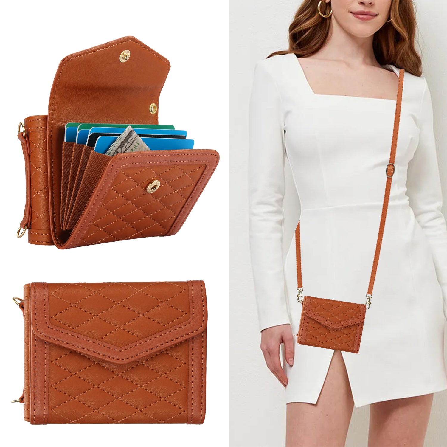 For Samsung Galaxy Z Flip6 5G Case Card Holders PU Leather+PC Phone Cover with Detachable Shoulder Strap - Brown