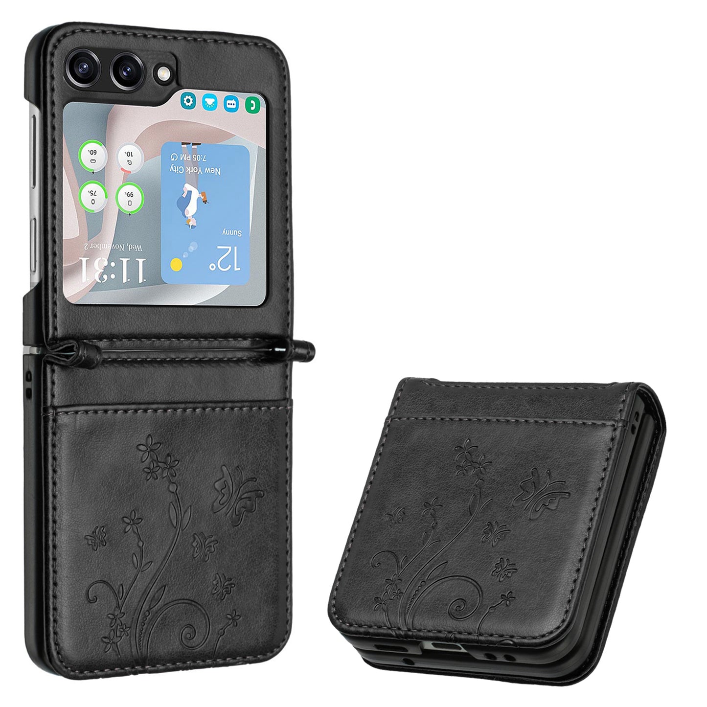 For Samsung Galaxy Z Flip6 5G Case Butterfly Flower Imprinted Leather Phone Cover - Black