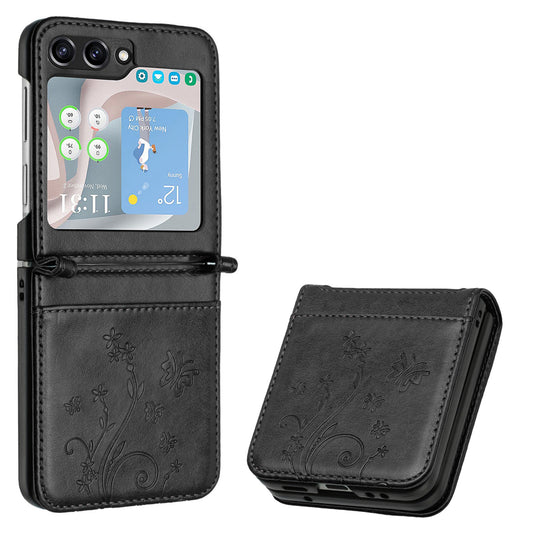 For Samsung Galaxy Z Flip6 5G Case Butterfly Flower Imprinted Leather Phone Cover - Black