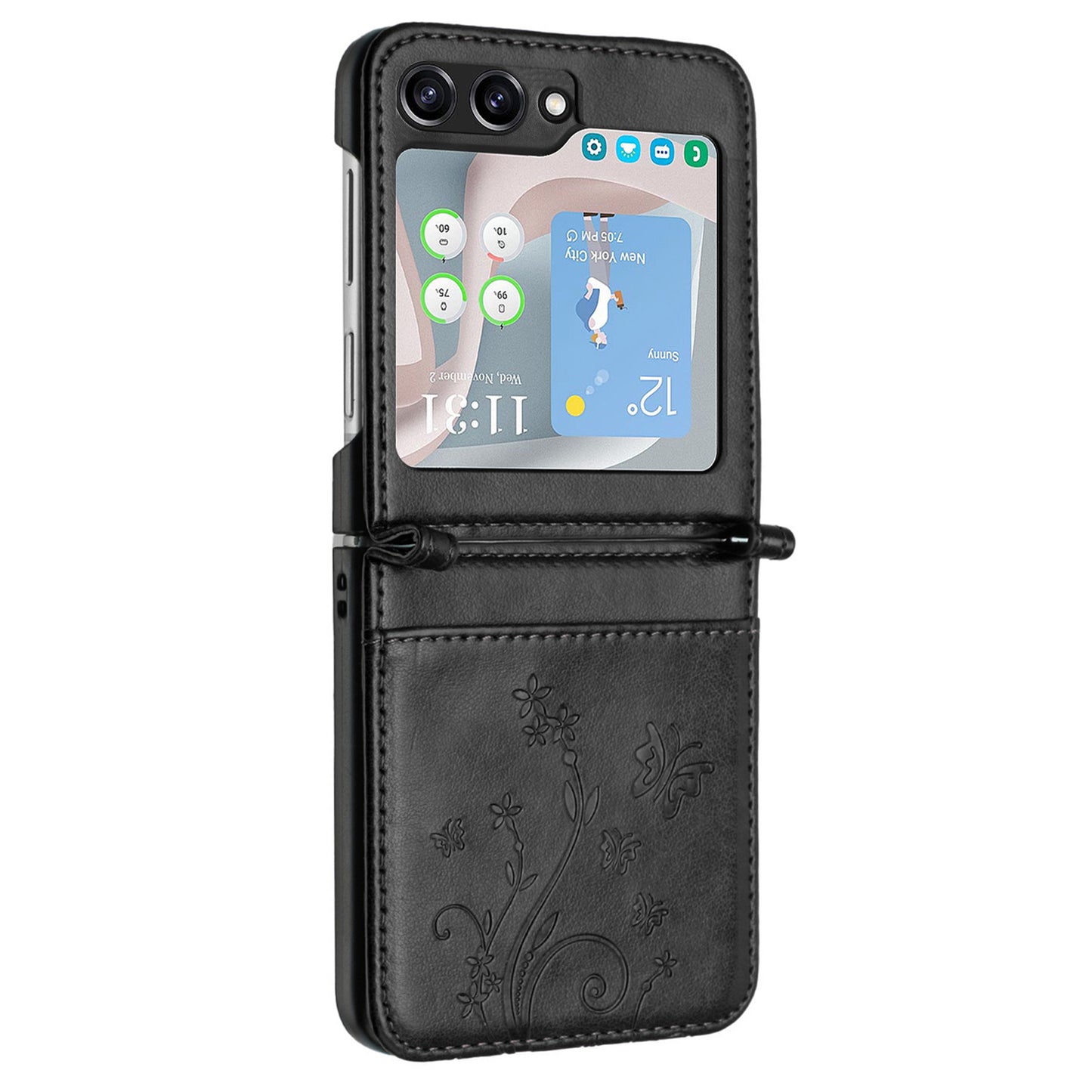 For Samsung Galaxy Z Flip6 5G Case Butterfly Flower Imprinted Leather Phone Cover - Black