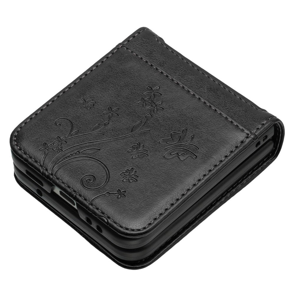 For Samsung Galaxy Z Flip7 FE 5G / Z Flip6 5G Case Butterfly Flower Imprinted Leather Phone Cover - Black