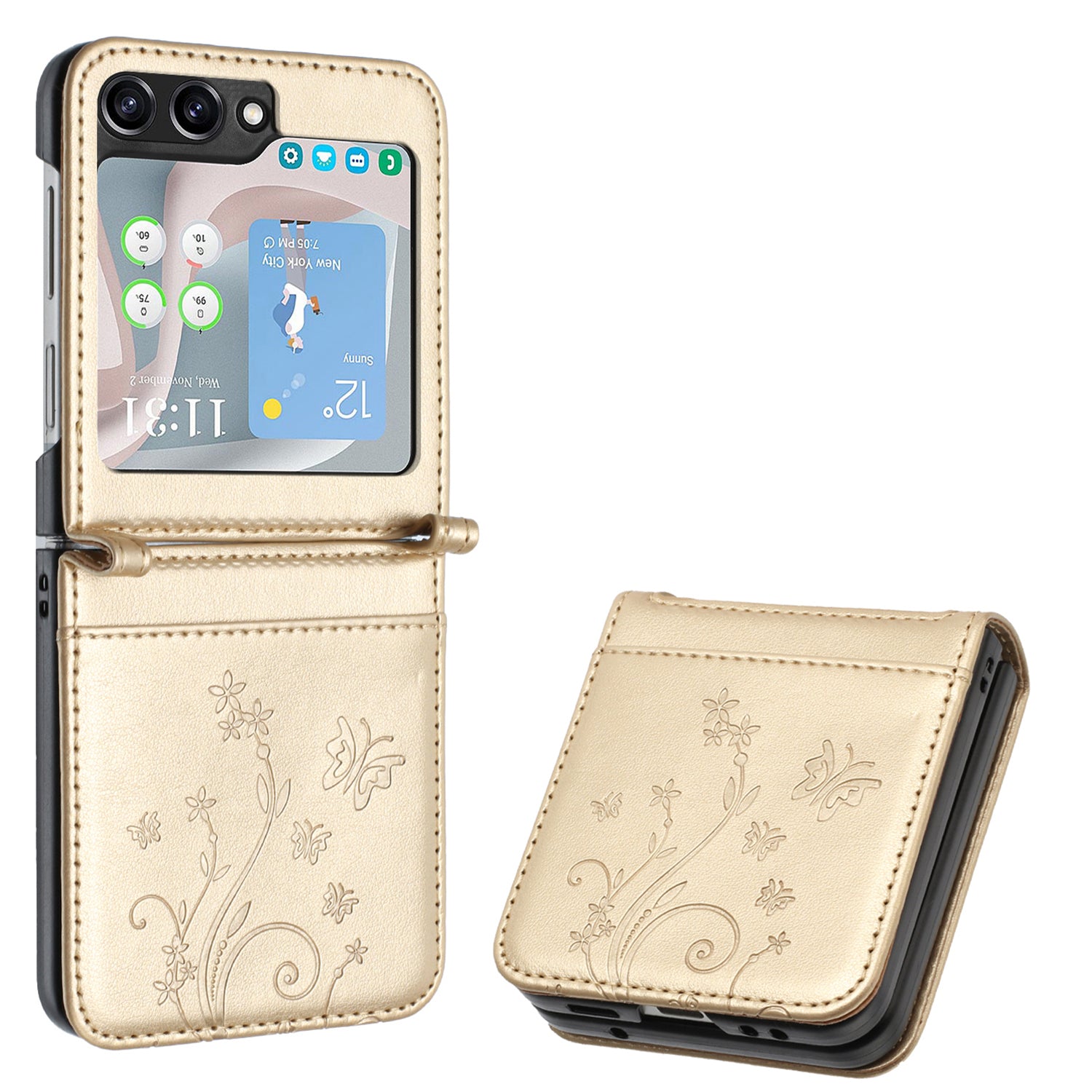 For Samsung Galaxy Z Flip6 5G Case Butterfly Flower Imprinted Leather Phone Cover - Gold