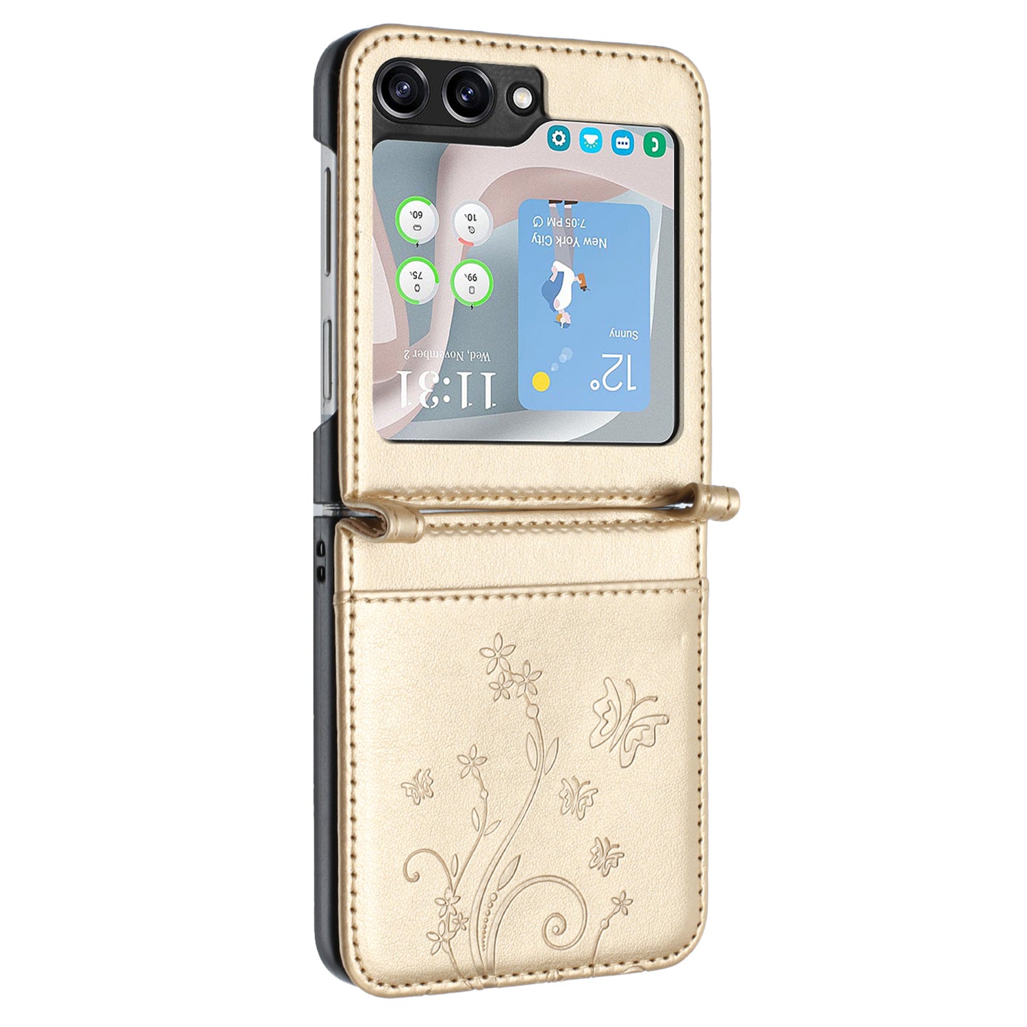 For Samsung Galaxy Z Flip6 5G Case Butterfly Flower Imprinted Leather Phone Cover - Gold