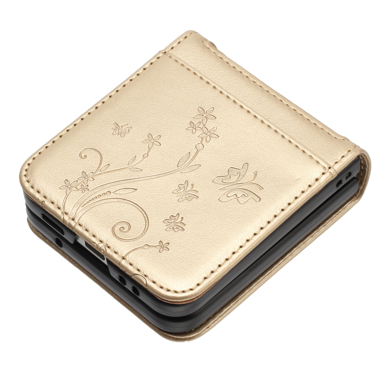 For Samsung Galaxy Z Flip6 5G Case Butterfly Flower Imprinted Leather Phone Cover - Gold