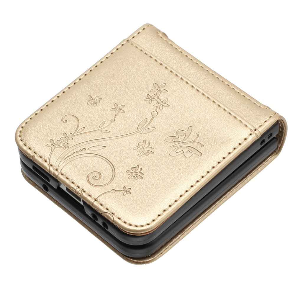 For Samsung Galaxy Z Flip7 FE 5G / Z Flip6 5G Case Butterfly Flower Imprinted Leather Phone Cover - Gold