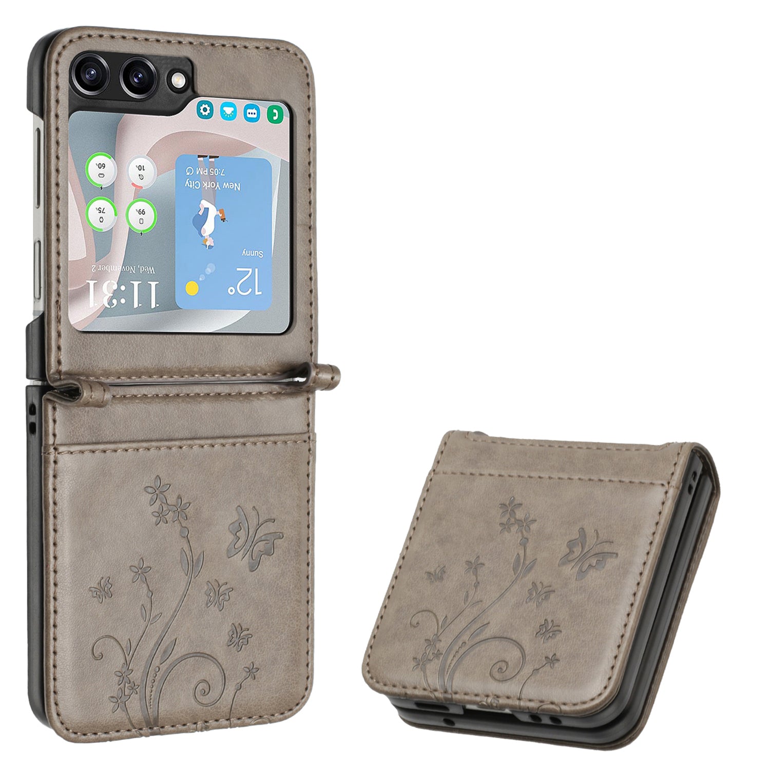 For Samsung Galaxy Z Flip6 5G Case Butterfly Flower Imprinted Leather Phone Cover - Grey