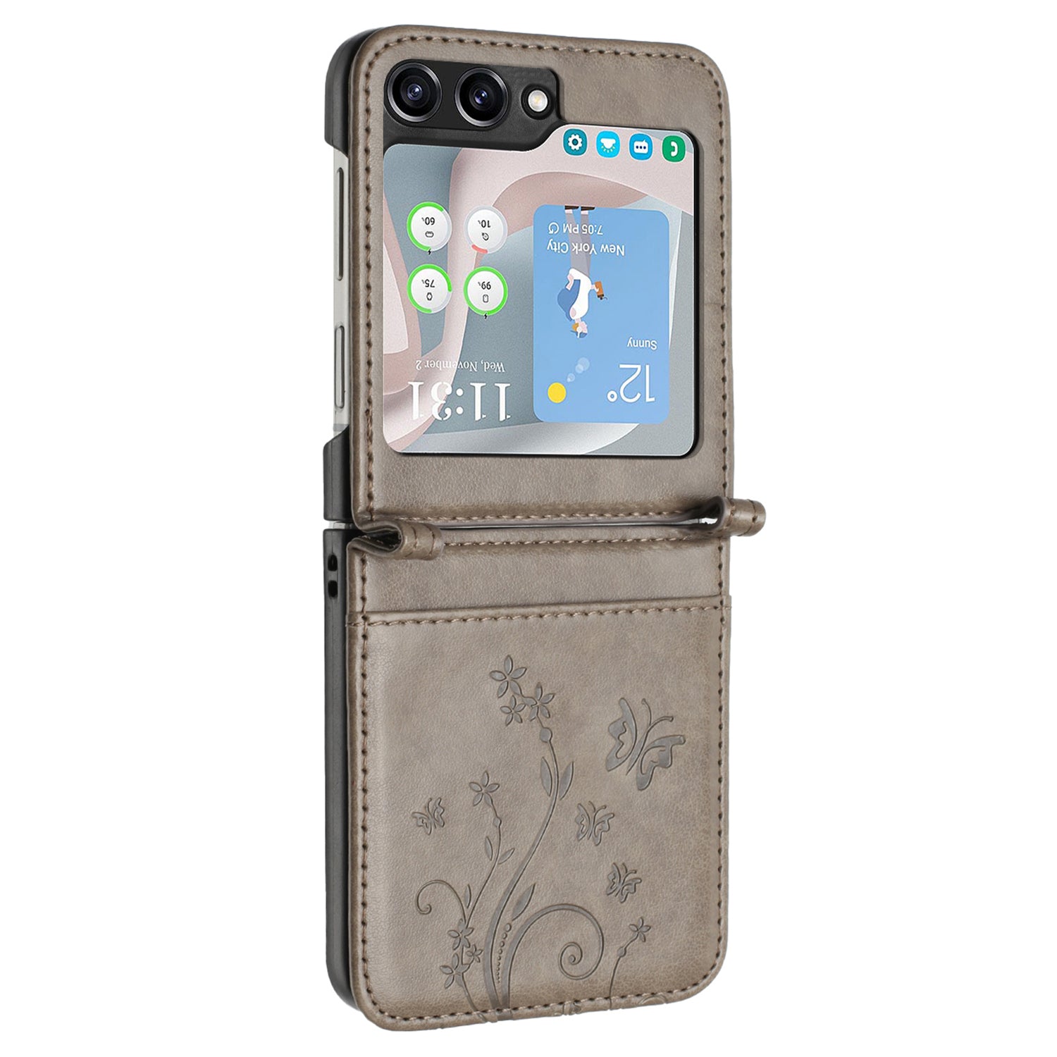 For Samsung Galaxy Z Flip6 5G Case Butterfly Flower Imprinted Leather Phone Cover - Grey