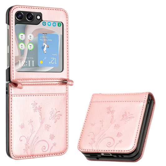 For Samsung Galaxy Z Flip6 5G Case Butterfly Flower Imprinted Leather Phone Cover - Rose Gold