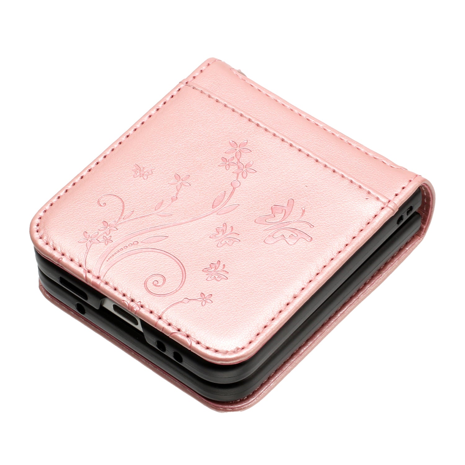 For Samsung Galaxy Z Flip6 5G Case Butterfly Flower Imprinted Leather Phone Cover - Rose Gold