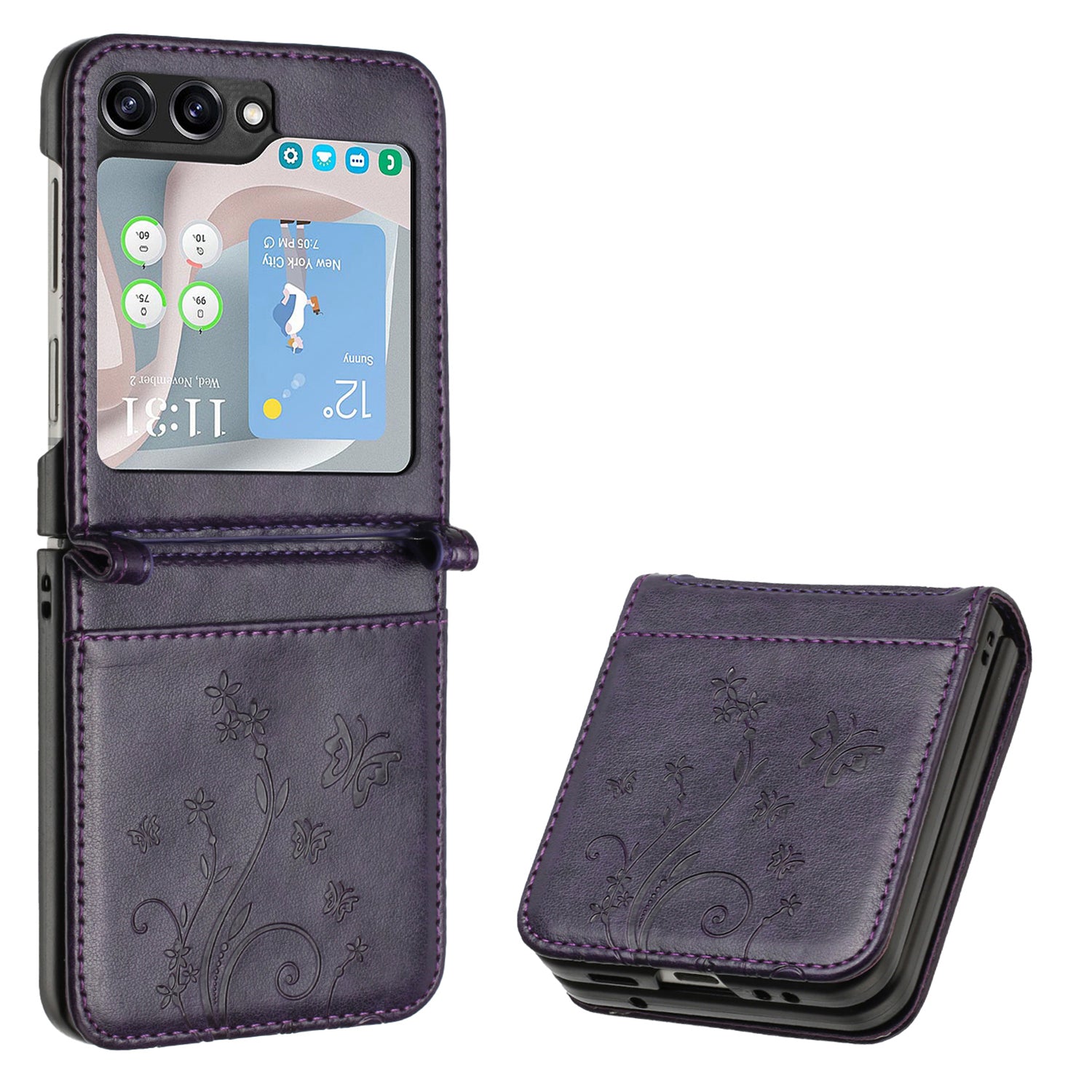 For Samsung Galaxy Z Flip6 5G Case Butterfly Flower Imprinted Leather Phone Cover - Dark Purple