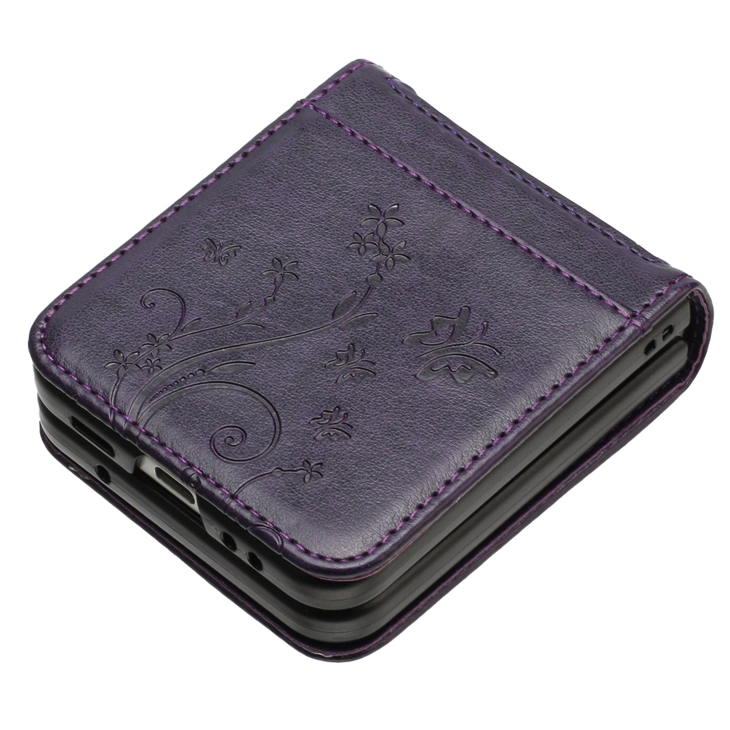 For Samsung Galaxy Z Flip6 5G Case Butterfly Flower Imprinted Leather Phone Cover - Dark Purple