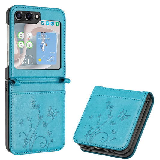 For Samsung Galaxy Z Flip7 FE 5G / Z Flip6 5G Case Butterfly Flower Imprinted Leather Phone Cover - Blue
