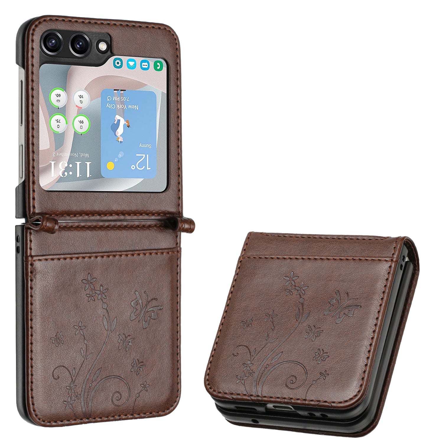 For Samsung Galaxy Z Flip6 5G Case Butterfly Flower Imprinted Leather Phone Cover - Brown
