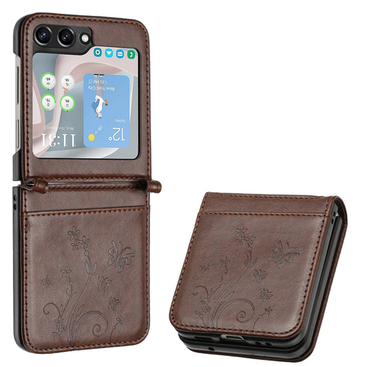For Samsung Galaxy Z Flip6 5G Case Butterfly Flower Imprinted Leather Phone Cover - Brown