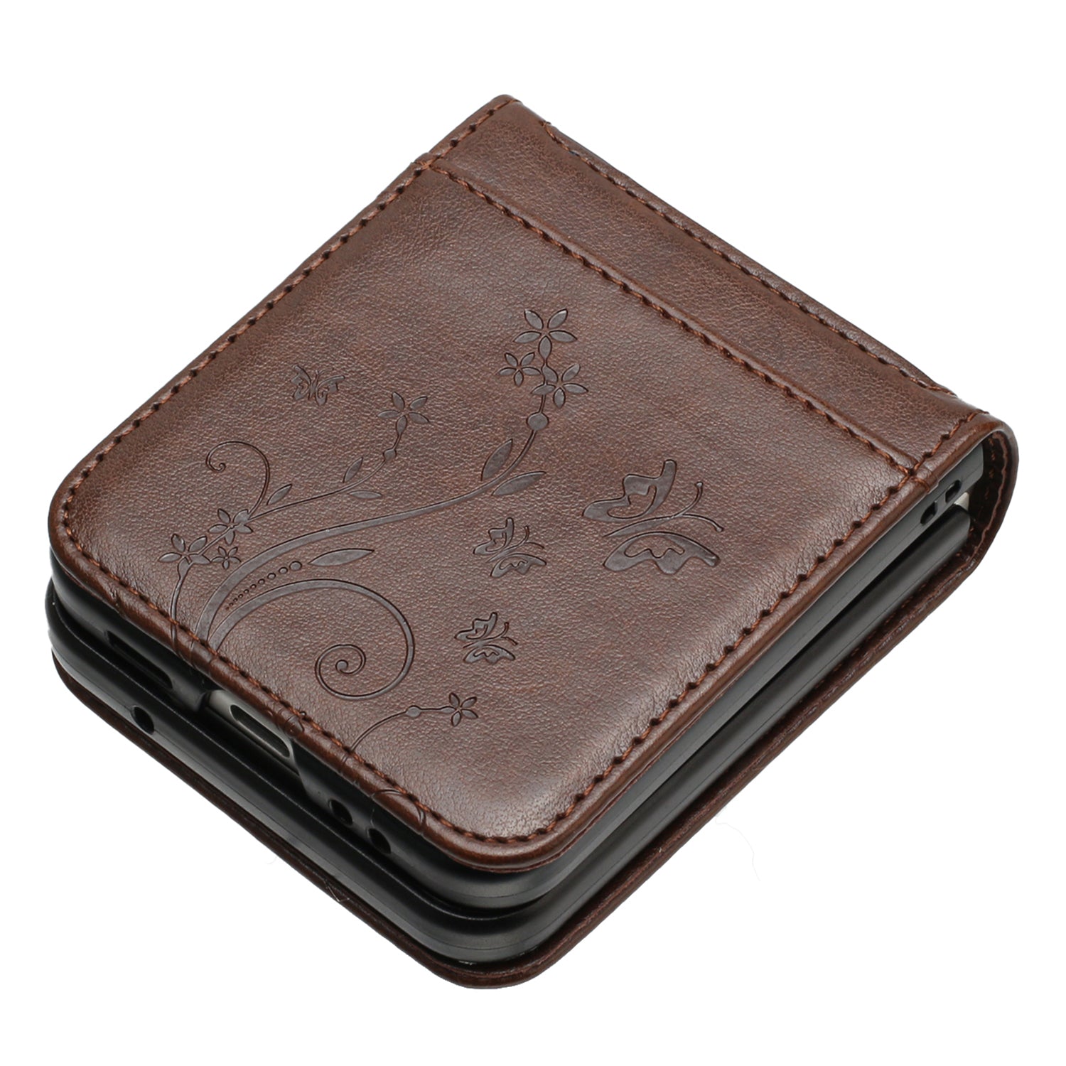 For Samsung Galaxy Z Flip6 5G Case Butterfly Flower Imprinted Leather Phone Cover - Brown