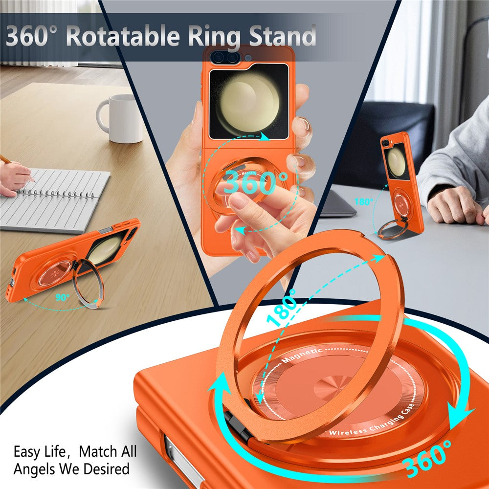 For Samsung Galaxy Z Flip7 FE 5G / Z Flip6 5G Magnetic Case Rotating Kickstand PC Hard Phone Cover - Orange