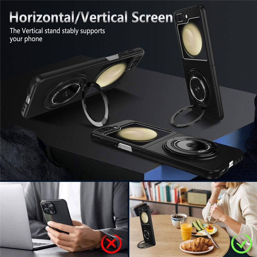 For Samsung Galaxy Z Flip7 FE 5G / Z Flip6 5G Magnetic Case Rotating Kickstand PC Hard Phone Cover - Black