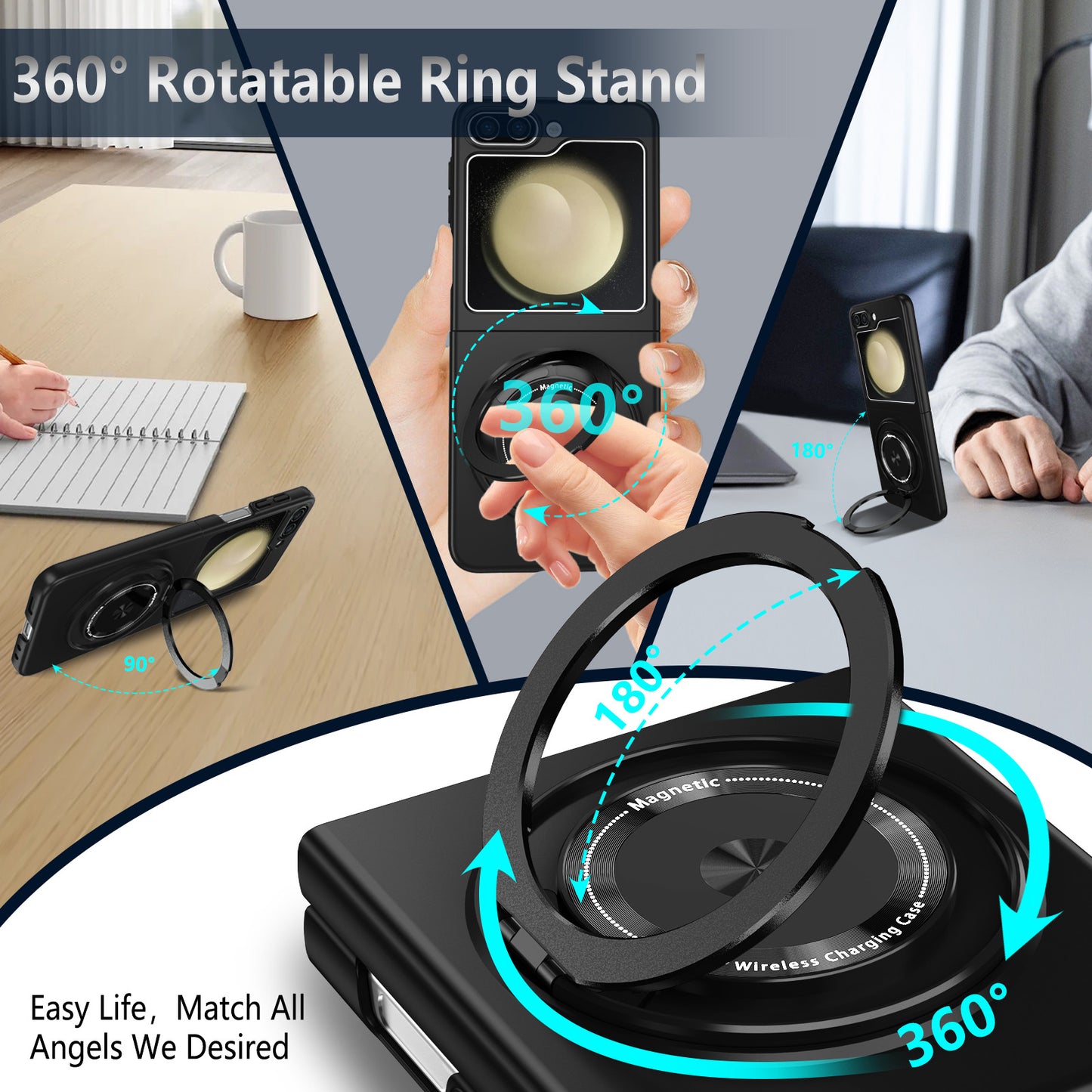 For Samsung Galaxy Z Flip6 5G Magnetic Case Rotating Kickstand PC Hard Phone Cover - Black