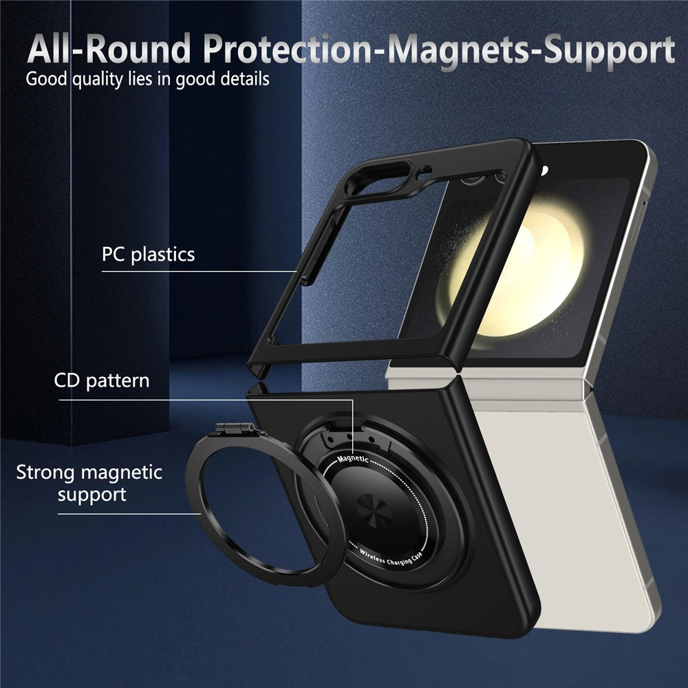 For Samsung Galaxy Z Flip7 FE 5G / Z Flip6 5G Magnetic Case Rotating Kickstand PC Hard Phone Cover - Black