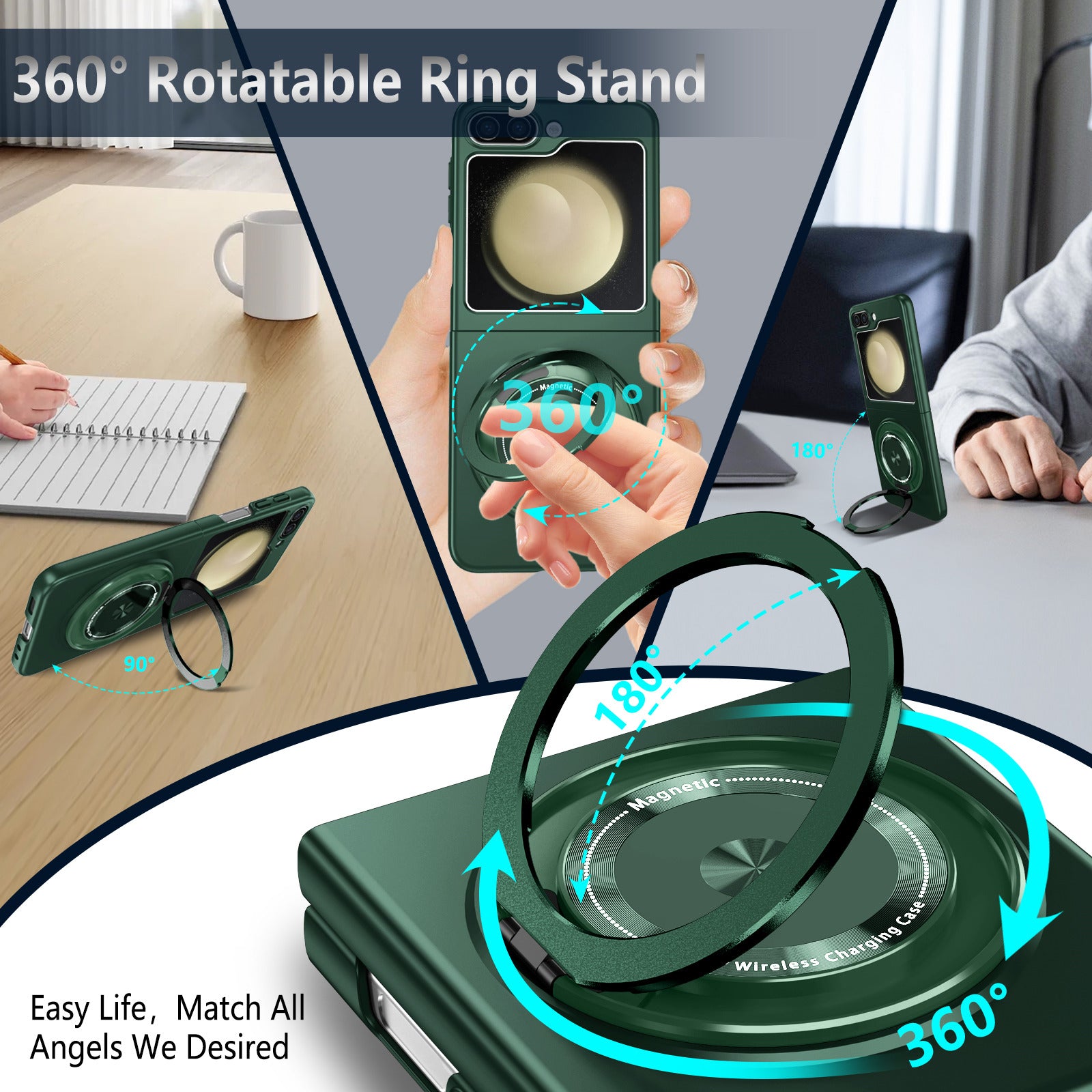 For Samsung Galaxy Z Flip6 5G Magnetic Case Rotating Kickstand PC Hard Phone Cover - Blackish Green