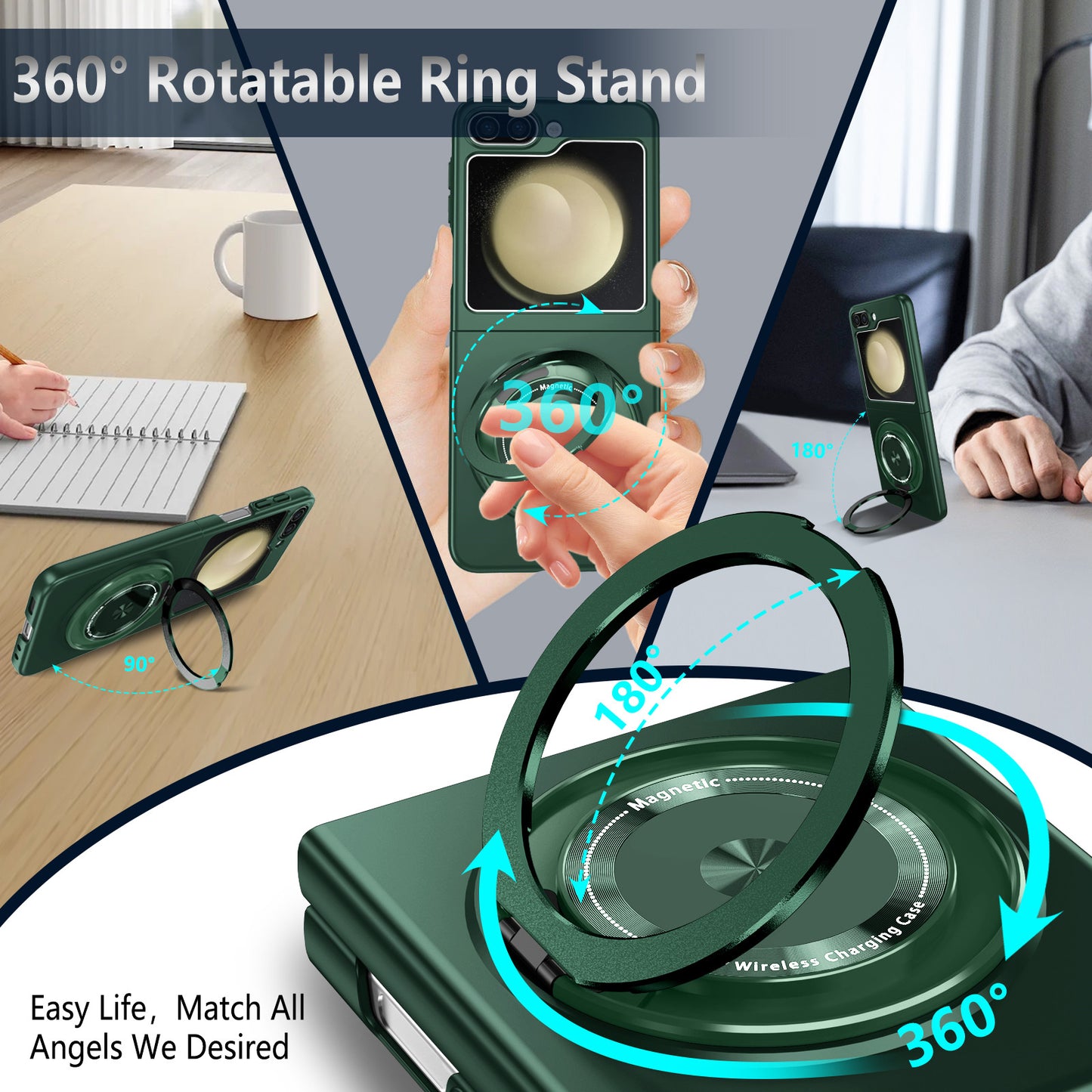 For Samsung Galaxy Z Flip6 5G Magnetic Case Rotating Kickstand PC Hard Phone Cover - Blackish Green