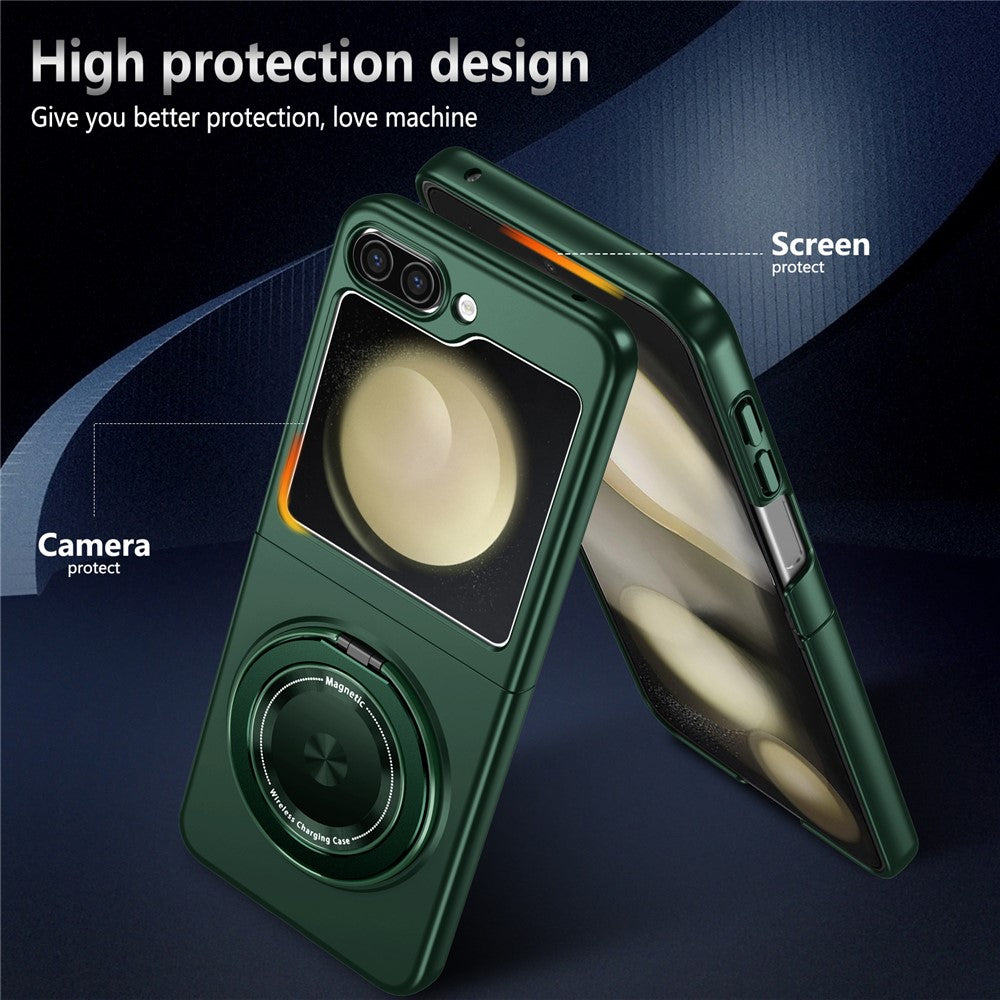 For Samsung Galaxy Z Flip7 FE 5G / Z Flip6 5G Magnetic Case Rotating Kickstand PC Hard Phone Cover - Blackish Green