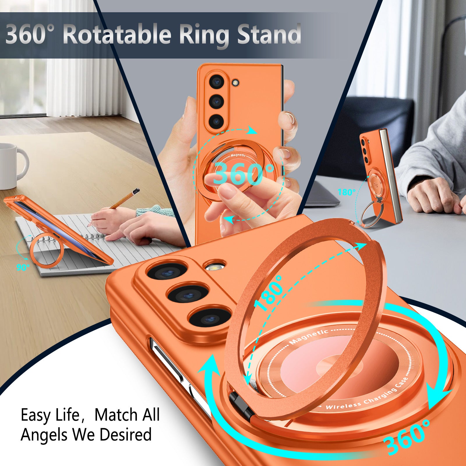 For Samsung Galaxy Z Fold6 5G Case Magnetic Kickstand Hard PC Shockproof Protective Cover - Orange