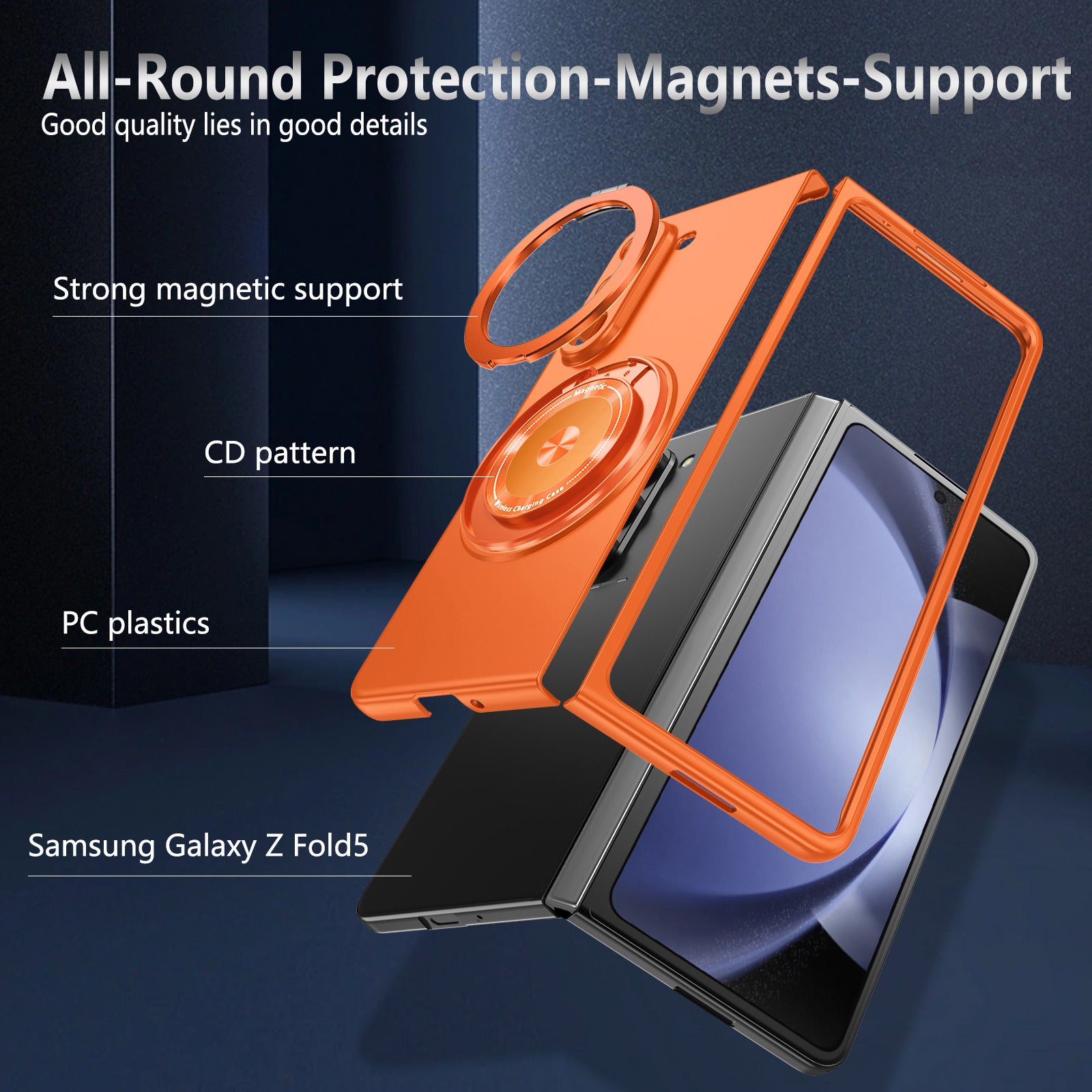 For Samsung Galaxy Z Fold6 5G Case Magnetic Kickstand Hard PC Shockproof Protective Cover - Orange