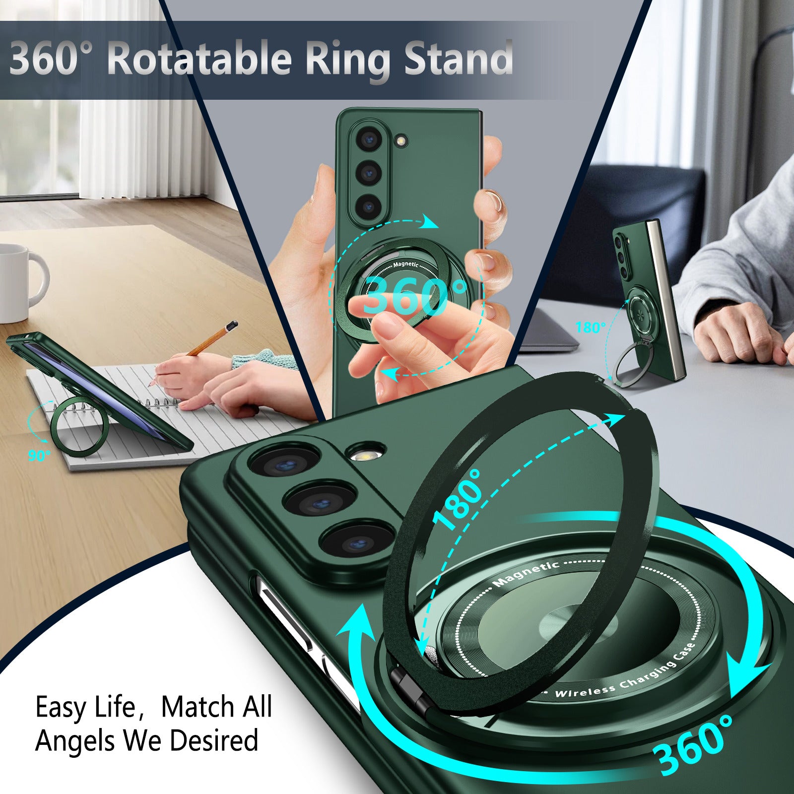 For Samsung Galaxy Z Fold6 5G Case Magnetic Kickstand Hard PC Shockproof Protective Cover - Blackish Green