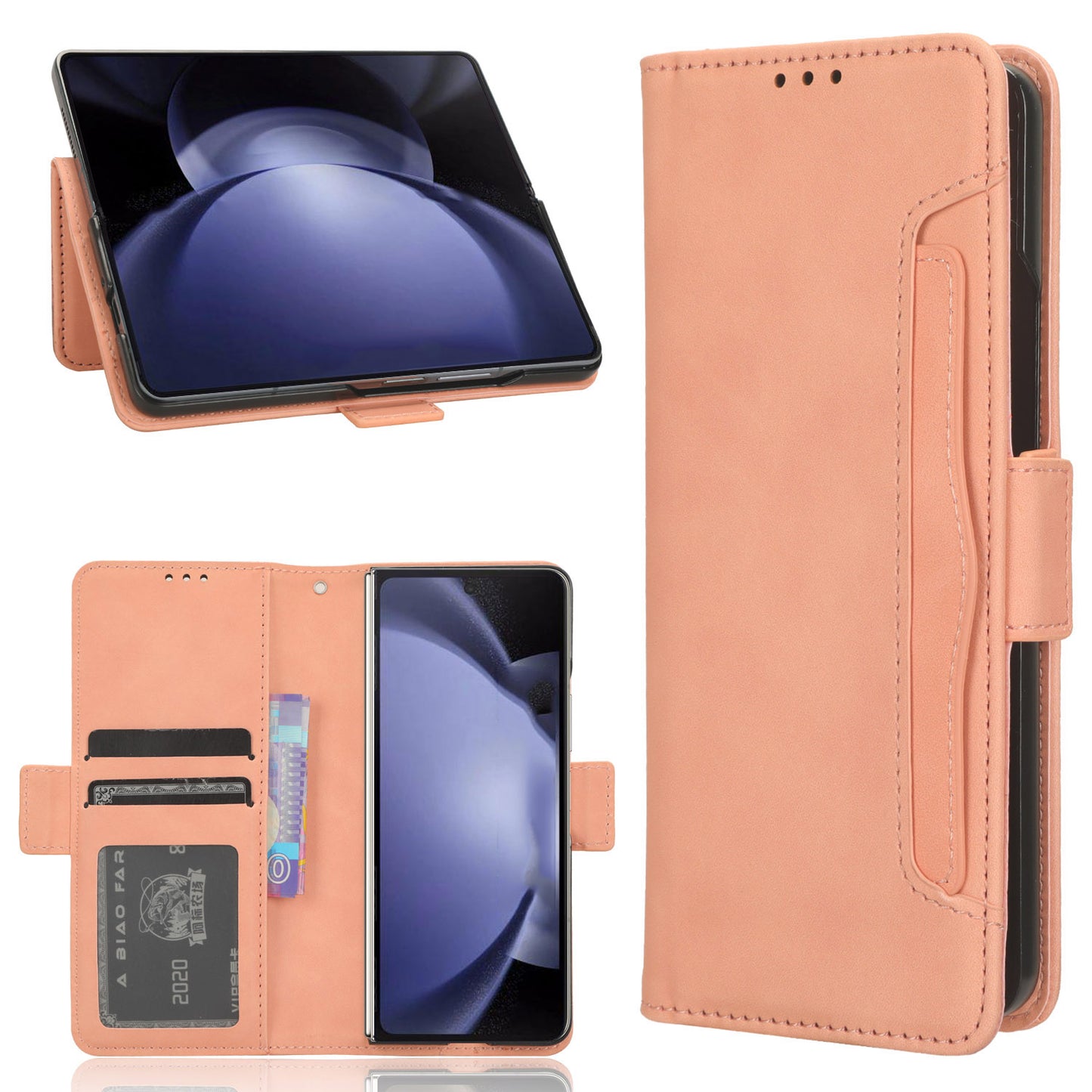 For Samsung Galaxy Z Fold6 5G Case Multiple Card Slots Leather Wallet Folding Phone Cover - Pink