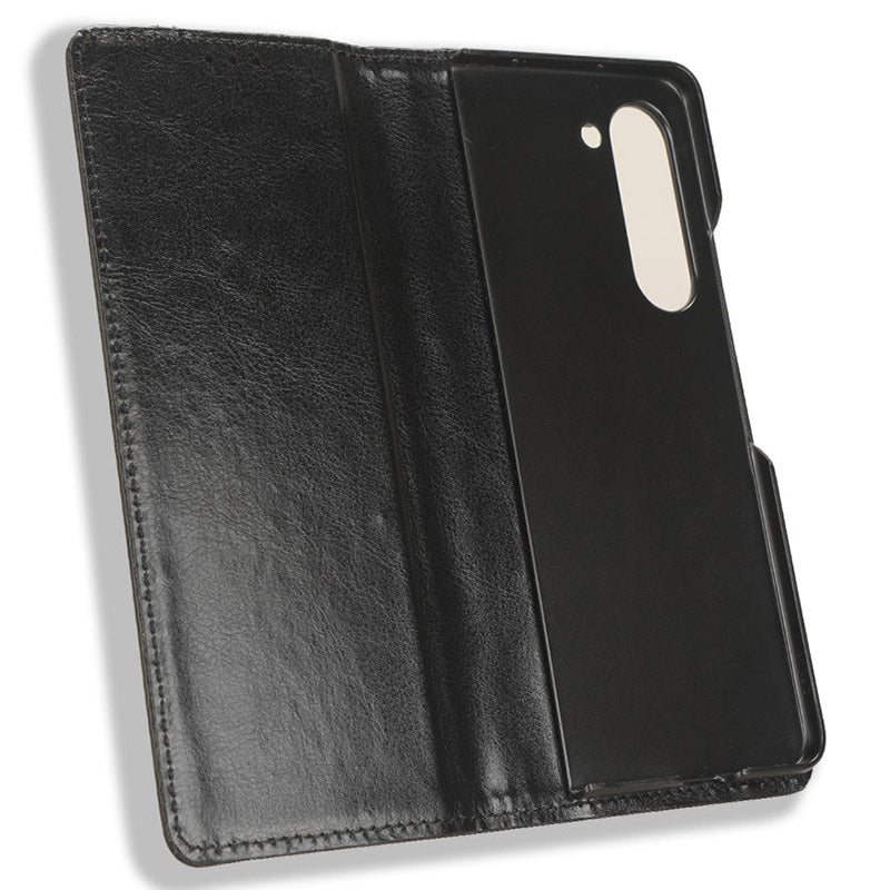 For Samsung Galaxy Z Fold6 5G Case PU Leather Retro Phone Stand Cover - Black