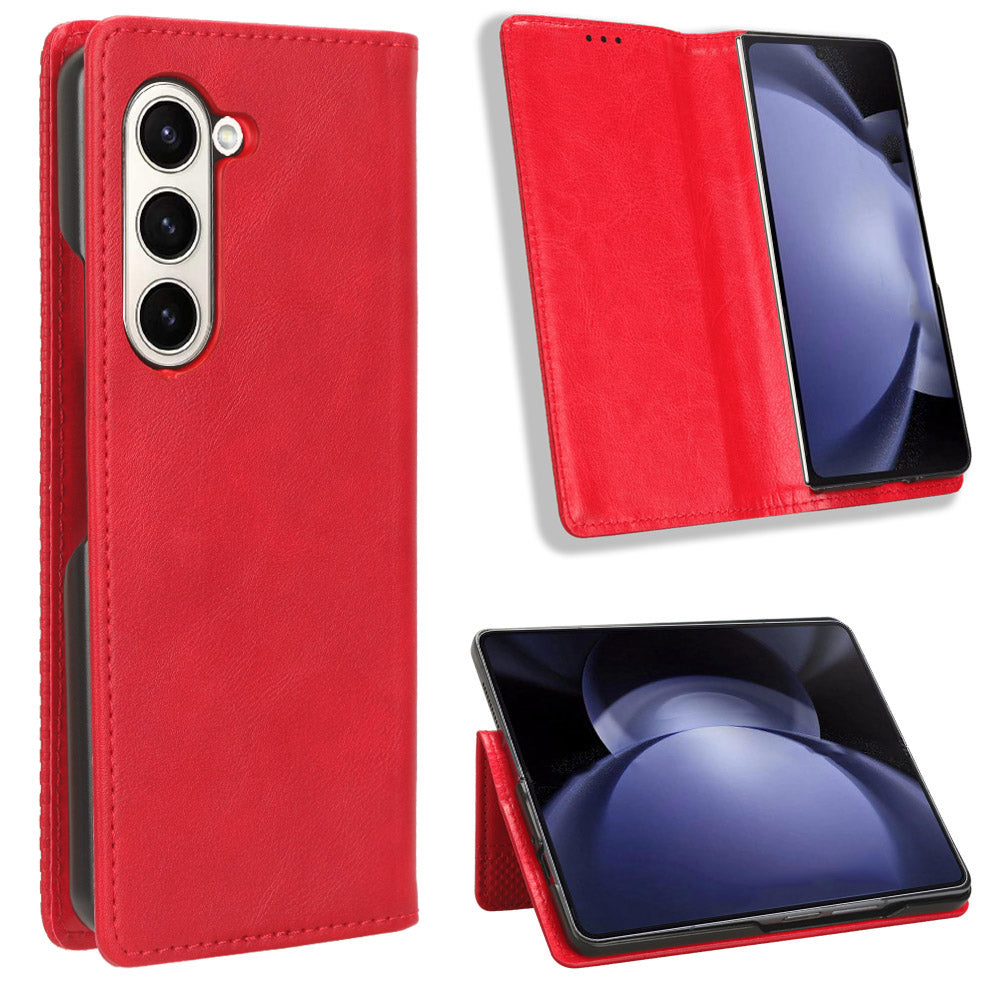 For Samsung Galaxy Z Fold6 5G Case PU Leather Retro Phone Stand Cover - Red