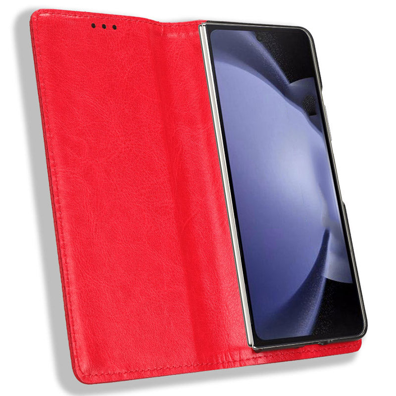 For Samsung Galaxy Z Fold6 5G Case PU Leather Retro Phone Stand Cover - Red