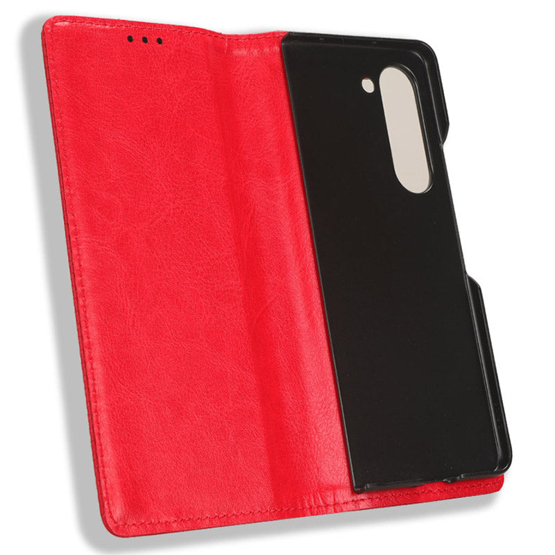 For Samsung Galaxy Z Fold6 5G Case PU Leather Retro Phone Stand Cover - Red