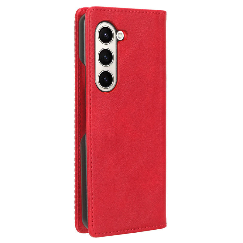 For Samsung Galaxy Z Fold6 5G Case PU Leather Retro Phone Stand Cover - Red
