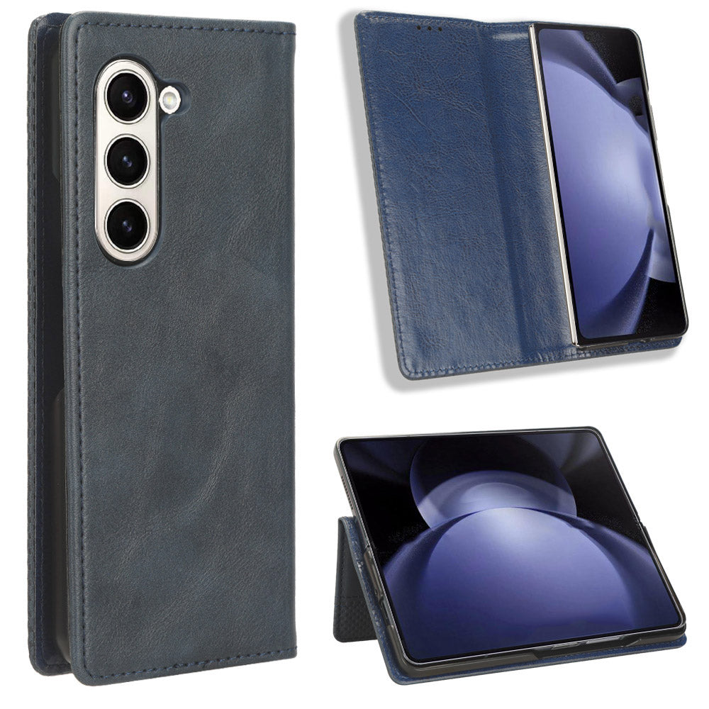 For Samsung Galaxy Z Fold6 5G Case PU Leather Retro Phone Stand Cover - Blue