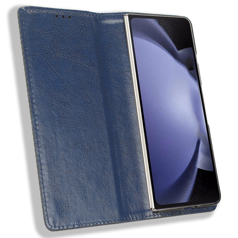 For Samsung Galaxy Z Fold6 5G Case PU Leather Retro Phone Stand Cover - Blue