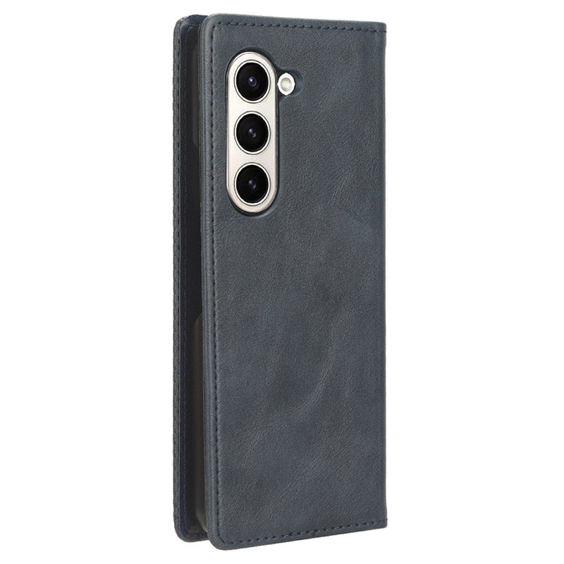 For Samsung Galaxy Z Fold6 5G Case PU Leather Retro Phone Stand Cover - Blue
