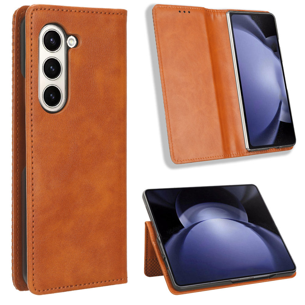 For Samsung Galaxy Z Fold6 5G Case PU Leather Retro Phone Stand Cover - Brown