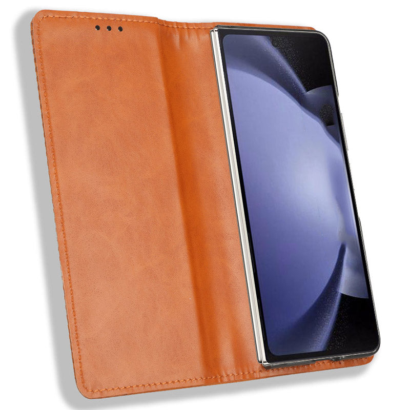 For Samsung Galaxy Z Fold6 5G Case PU Leather Retro Phone Stand Cover - Brown
