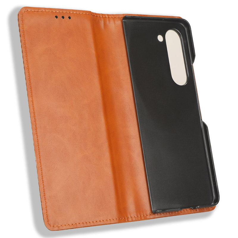 For Samsung Galaxy Z Fold6 5G Case PU Leather Retro Phone Stand Cover - Brown