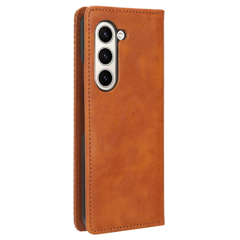 For Samsung Galaxy Z Fold6 5G Case PU Leather Retro Phone Stand Cover - Brown