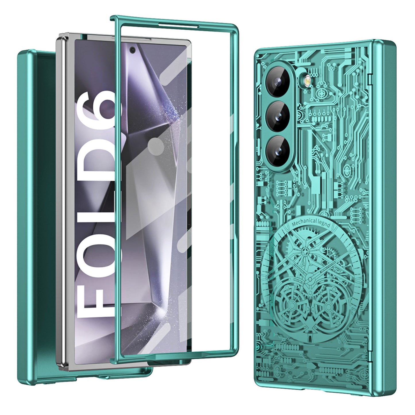 Mechanical Legend Series For Samsung Galaxy Z Fold6 5G Case Electroplated PC Phone Cover with Screen Film - Green