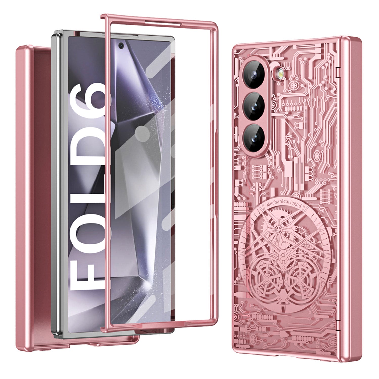 Mechanical Legend Series For Samsung Galaxy Z Fold6 5G Case Electroplated PC Phone Cover with Screen Film - Rose Gold