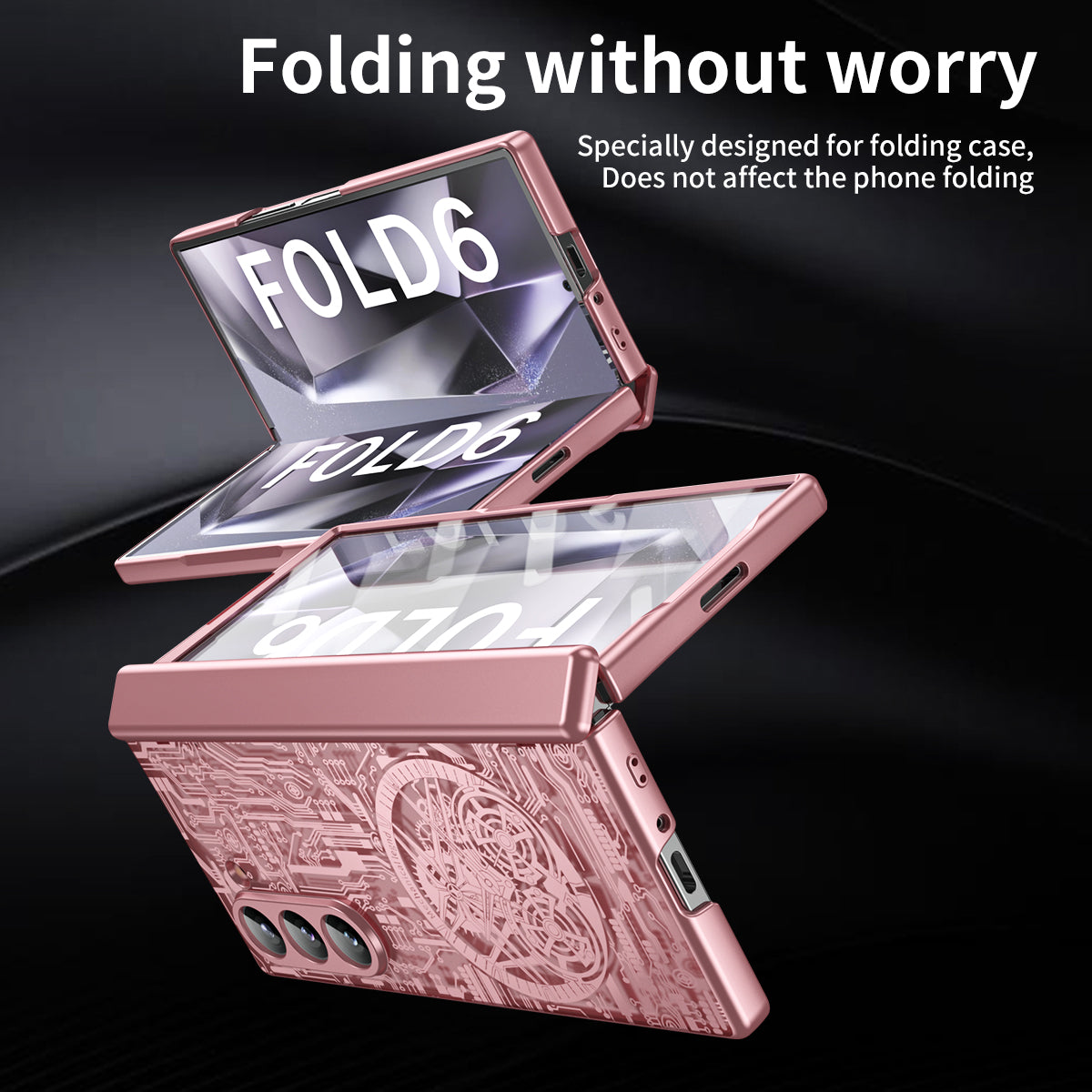 Mechanical Legend Series For Samsung Galaxy Z Fold6 5G Case Electroplated PC Phone Cover with Screen Film - Rose Gold