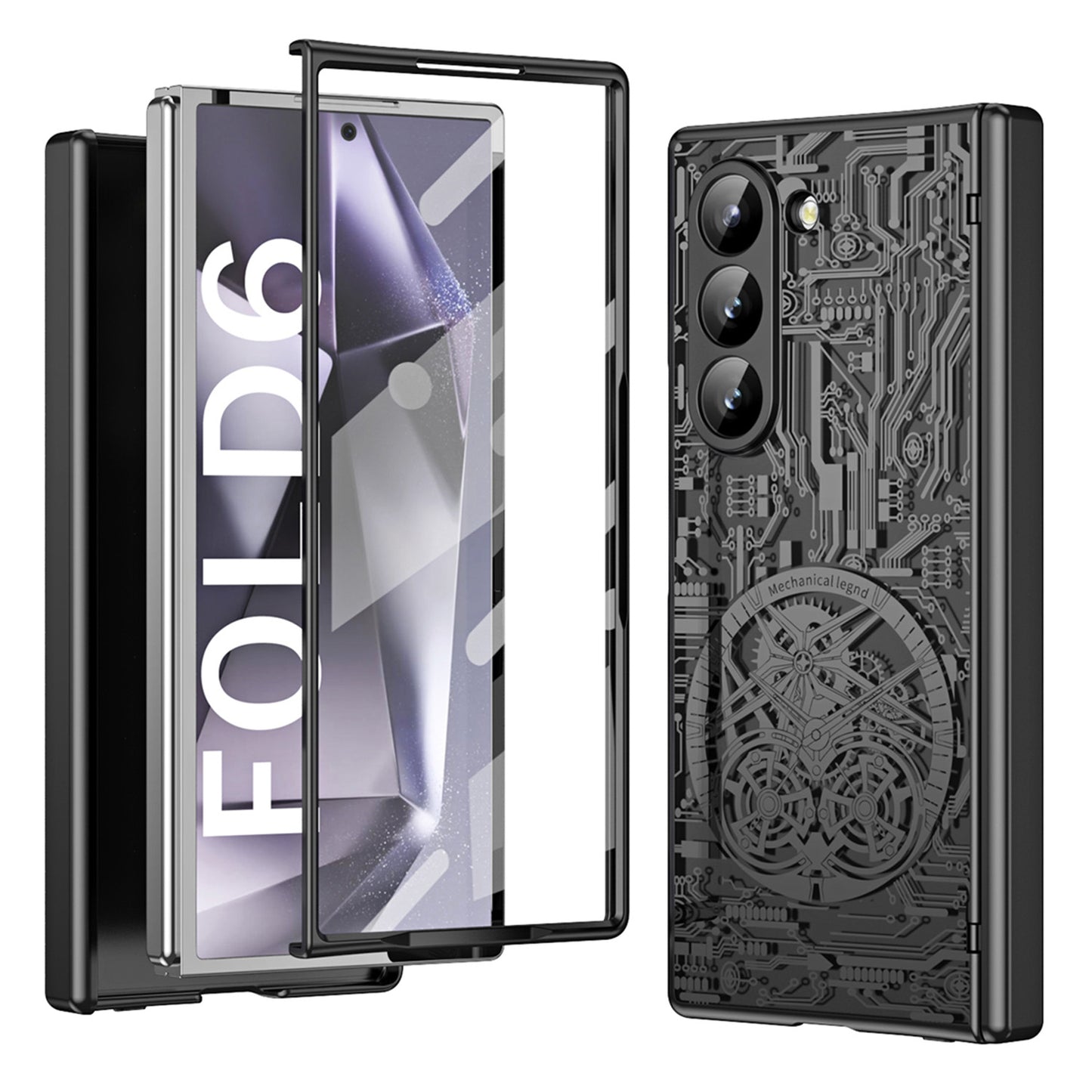 Mechanical Legend Series For Samsung Galaxy Z Fold6 5G Case Electroplated PC Phone Cover with Screen Film - Black
