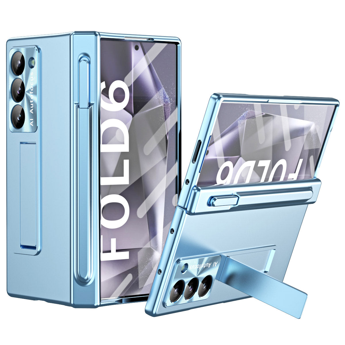For Samsung Galaxy Z Fold6 5G Had PC Phone Case Kickstand Cover with Pen  /  Pen Slot - Blue