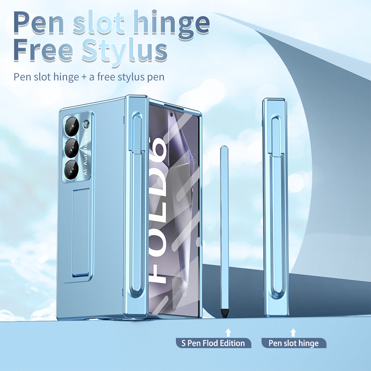 For Samsung Galaxy Z Fold6 5G Had PC Phone Case Kickstand Cover with Pen  /  Pen Slot - Blue